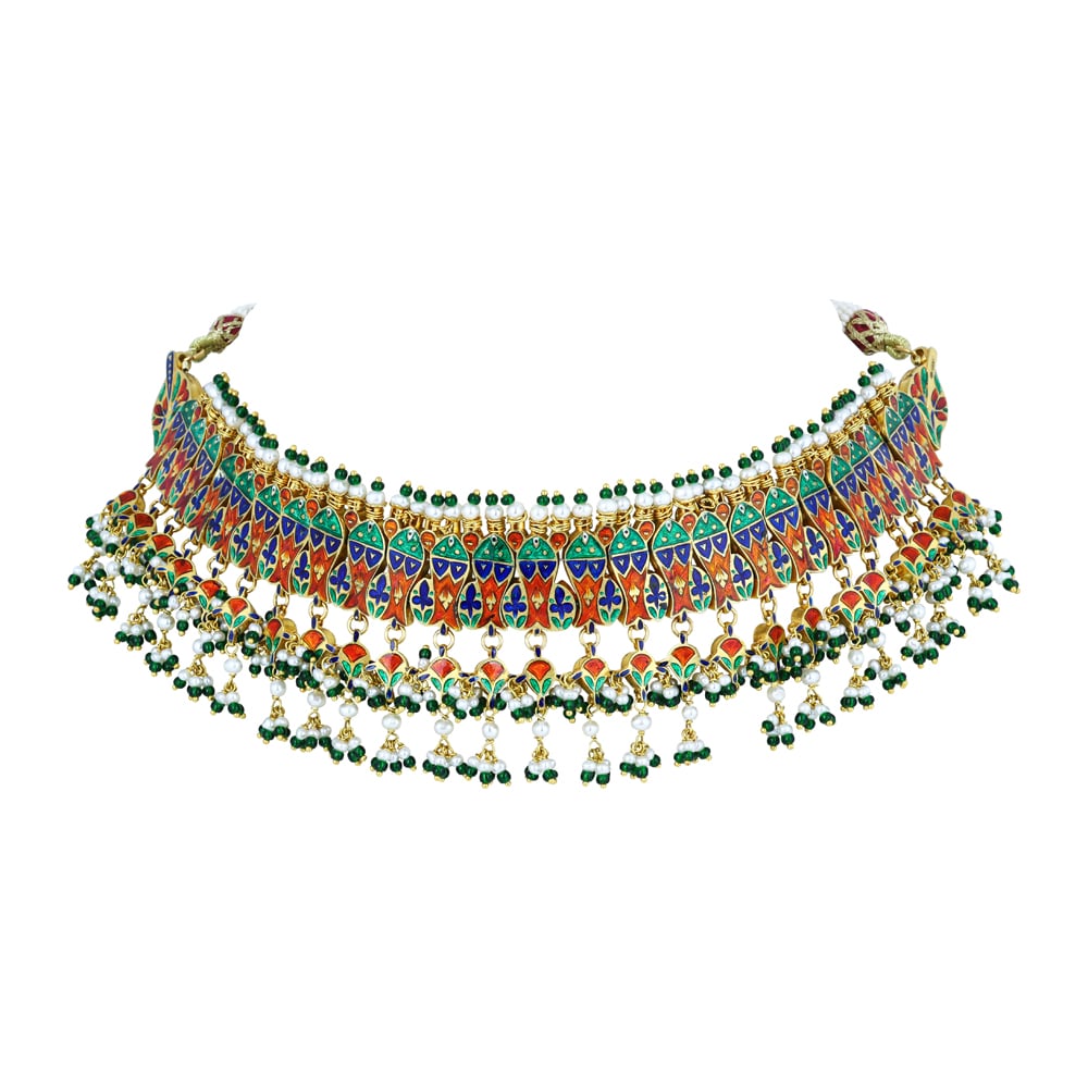Red-Green Enamel Polki Choker with Green Beads and Pearl Clusters